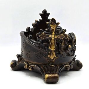 VTG Cross Resin Brown Ornate Painted Bronze Look Décor Pillar CandleHolder